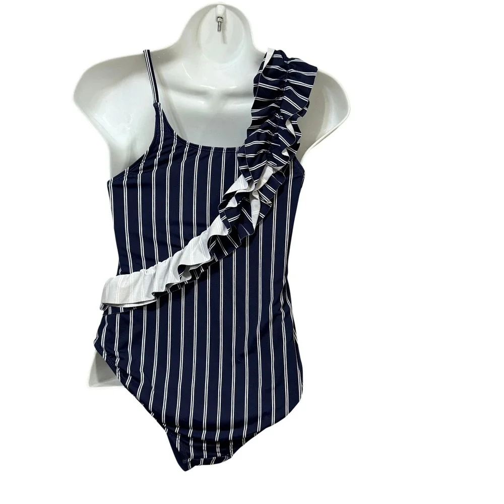 Habitual Girl Navy White Striped Ruffle One Piece Swimsuit Girls Size 14
